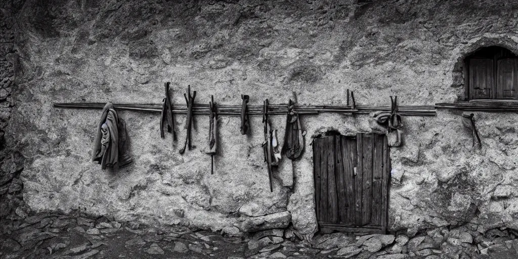 Image similar to photography of a wall with alpine farmer tools hanging down, old hut, alp, dolomites, alpine, detailed intricate insanely detailed octane render, 8k artistic 1920s photography, photorealistic, black and white, chiaroscuro, hd, by David Cronenberg, Raphael, Caravaggio