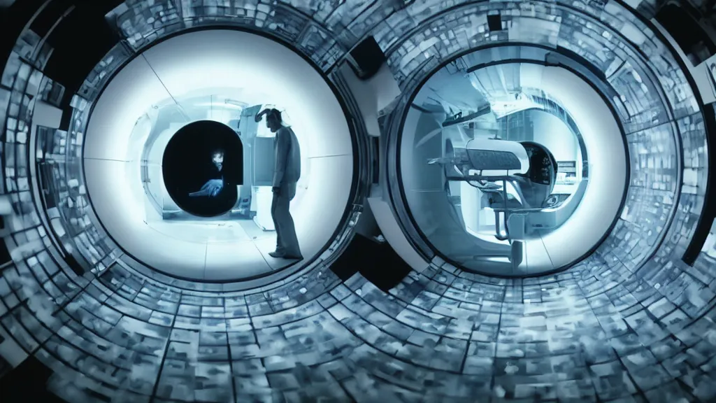 Image similar to an mri image open mri machine time tunnel portal in the living room, film still from the sci fi movie directed by denis villeneuve with art direction by salvador dali, wide lens