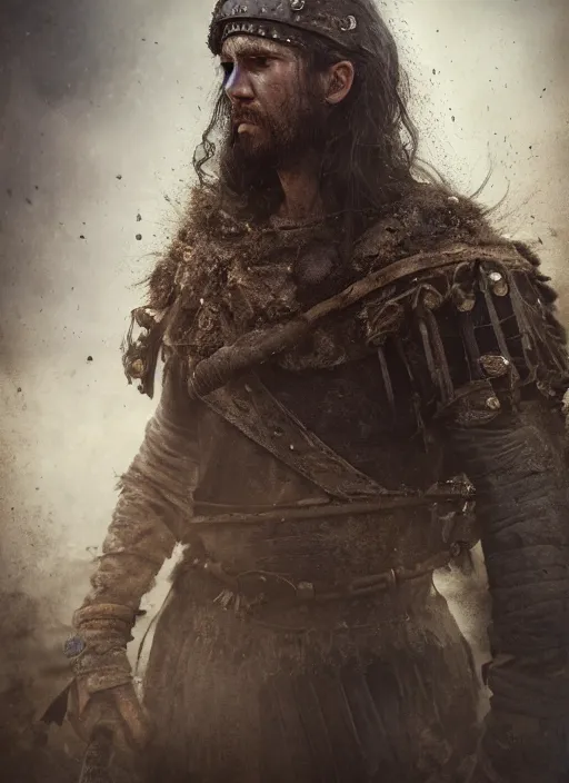 Prompt: portrait photo of a medieval warrior, rough loner man, dirt and unclean, extreme detail, cinematic, dramatic lighting render, extreme photorealism photo by national geographic, tom bagshaw, masterpiece