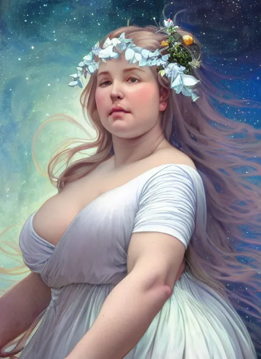 Image similar to a chubby white woman with pointed ears, wearing a white sundress, and a swirling sparkling cloud nebula for hair, realistic painting by ross tran and gerald brom and alphonse mucha, ilya kuvshinov, svetlana tigai, artgerm, trending on artstation