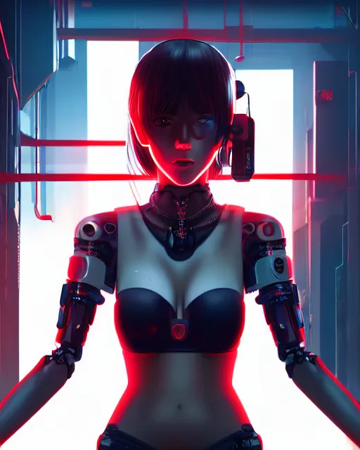 Prompt: a detailed potrait of a cyberpunk cyborg girl with black and red parts, fine - face, realistic shaded perfect face, detailed. night setting. very anime style. realistic shaded lighting poster by ilya kuvshinov katsuhiro, unreal engine, global illumination, radiant light, detailed and intricate environment