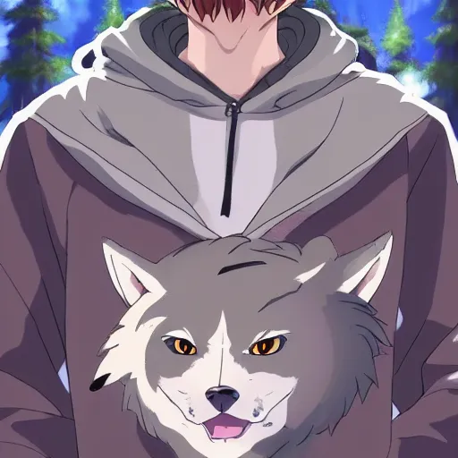 Image similar to key anime visual portrait of a handsome male anthro wolf furry fursona with beautiful eyes, wearing a hoodie in the forest, official modern animation