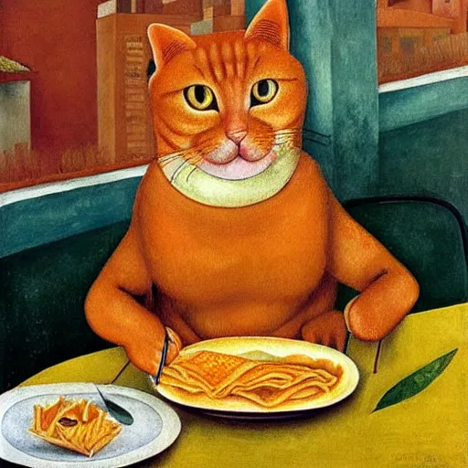 Prompt: fat orange tabby cat eating lasagna on a table, afternoon, by frida kahlo, neighborhood outside window