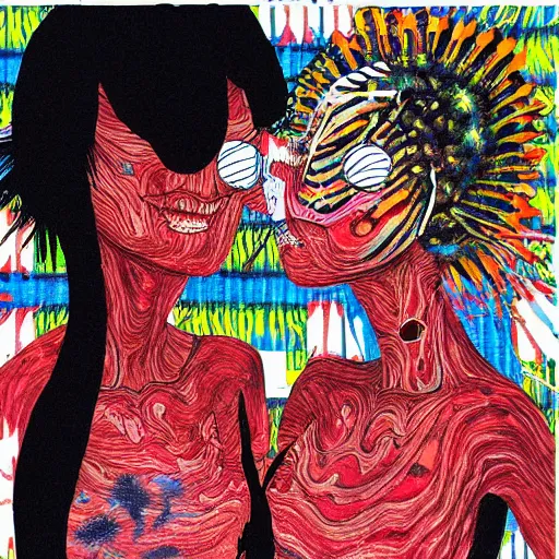 Prompt: beautiful painting of two bizarre psychedelic women kissing each other closeup in japan, speculative evolution, mixed media collage by basquiat and junji ito, magazine collage art, paper collage art, sapphic art, lesbian art