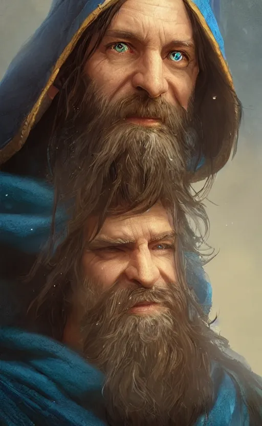 Image similar to portrait of a middle aged elf with a long beard, dressed in a blue cloak with clock iconography, brown hair, raised hand, detailed face, fantasy, highly detailed, cinematic lighting, digital art painting by greg rutkowski