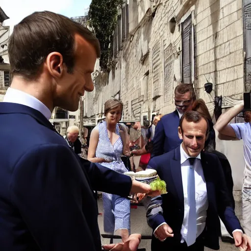 Prompt: barefoot macron, giving food to poor people, barefoot, french president, press photography