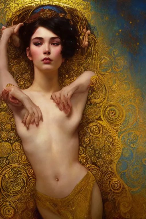 Image similar to an intricate painting of a beautiful young lady with an artistic sensual pose with klimt golden motives and textures, hyper detailed, ornamental gold headpiece, octane render, vivid colors, artstation, by jeremy mann, by alphonse mucha, by boris vallejo