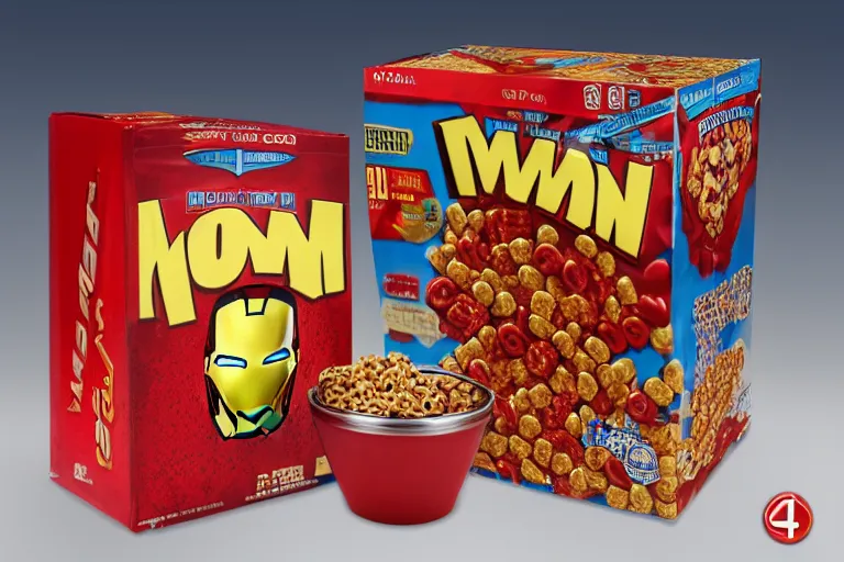 Image similar to mid product still of Ironman cereal with a box and a bowl of glowing reactor core o’s, 4k, red and gold