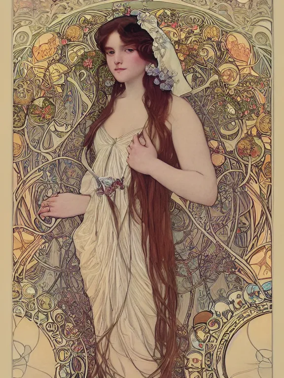 Prompt: an art nouveau mucha poster portrait oil painting of a pretty, young, moon princess surrounded by thousands of spiraling white ribbons, intricate, detailed, smooth, complex, elaborate, by bartosz kosowski and af / vf