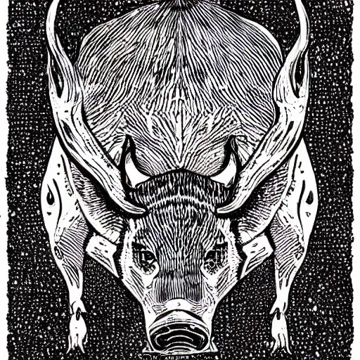 Prompt: illustration of symmetrical wild boar with mushrooms on face, in the style of moebius and studio ghibli and vincent van gogh