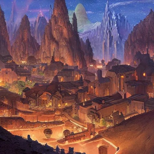 Prompt: a medieval village next to a space port. used future aesthetic. digital matte painting by james gurney and david mattingly.