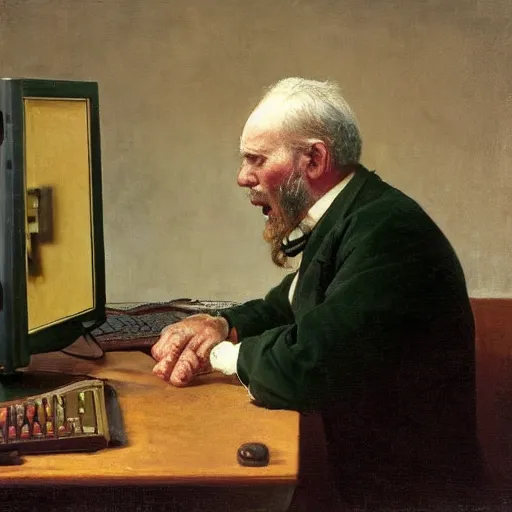 Image similar to an angry man yells at his computer monitor, oil on canvas, 1 8 8 3, highly detailed