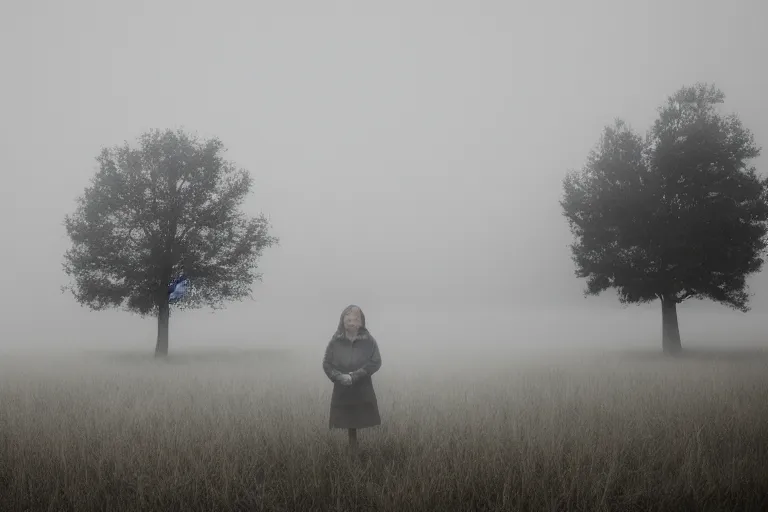 Image similar to a cinematic headshot portrait of a middle aged woman stood in a fog filled field, ultra realistic, depth, beautiful lighting