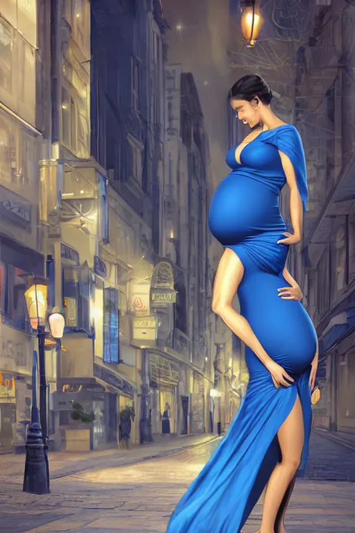 Image similar to pregnant woman in a small blue dress on night street, highly detailed, sharp focused, ultra realistic digital concept art by Edwin Longsden