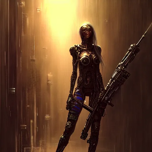 Image similar to a highly detailed long shot photo of cyberpunk female character by ayami kojima, elf, beksinski, giger, elf, wielding rifle, intricate, digital painting, artstation, concept art, smooth, sharp focus