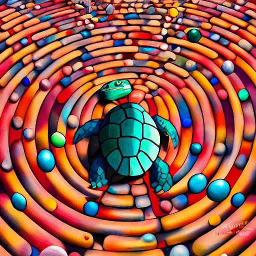 Image similar to Goro Fujita ilustration aerial view of a turtle walking through a maze of round colored stones, painting by Goro Fujita, sharp focus, highly detailed, ArtStation