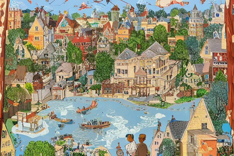 Prompt: an elaborate and dense painting of a beautiful peaceful neighborhood scene, detailed, made of alcohol ink on parchment and penned illustrations, by wes anderson!!!!!! and geoff darrow