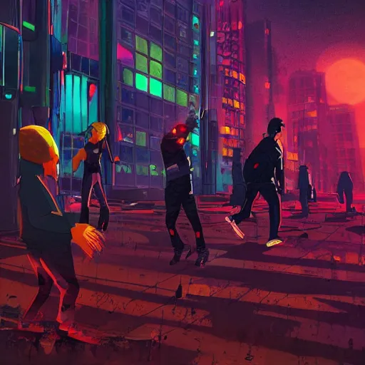 Image similar to Fall Guys dancing, cyberpunk, horrific, manga, anime, dark vibes, matte painting