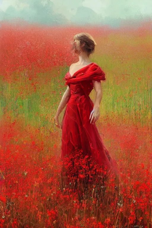 Prompt: a painting of a woman in a dress made of branches standing in a field of red flowers by craig mullins, trending on artstation, color field, concept art, artstation hd, matte drawing