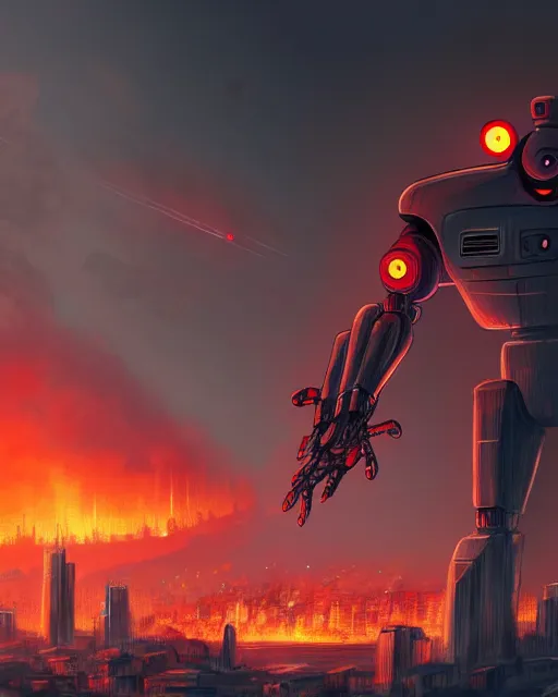 Prompt: giant robot with ominously glowing red eyes stands on top of city that is on fire, concept art, intricate details, highly detailed, in the style of pascal blanche