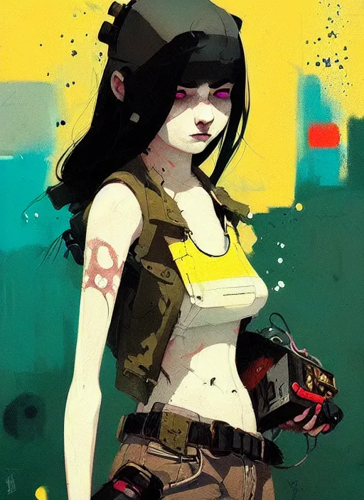 Prompt: highly detailed portrait of a moody sewerpunk young adult lady by atey ghailan, by greg rutkowski, by greg, tocchini, by james gilleard, by joe fenton, by kaethe butcher, gradient yellow, black, brown and cyan color scheme, grunge aesthetic!!! ( ( graffiti tag city background ) )