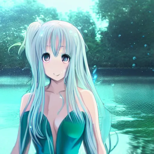 Image similar to a very beautiful anime girl wearing a dress made of water standing in a crystal lake in a futuristic emerald city, full body, long white hair with azure blue highlights blending into the dress , azure blue watery eyes, full round face, seductive over the shoulder glances , lens flare, cinematic lighting, medium shot, mid-shot, reflective surfaces, water droplets, caustic lighting , highly realistically detailed, trending on artstation, Unreal Engine 4k, Stanley Artgerm Lau, WLOP, Rossdraws, James Jean, Andrei Riabovitchev, Marc Simonetti, and Sakimichan