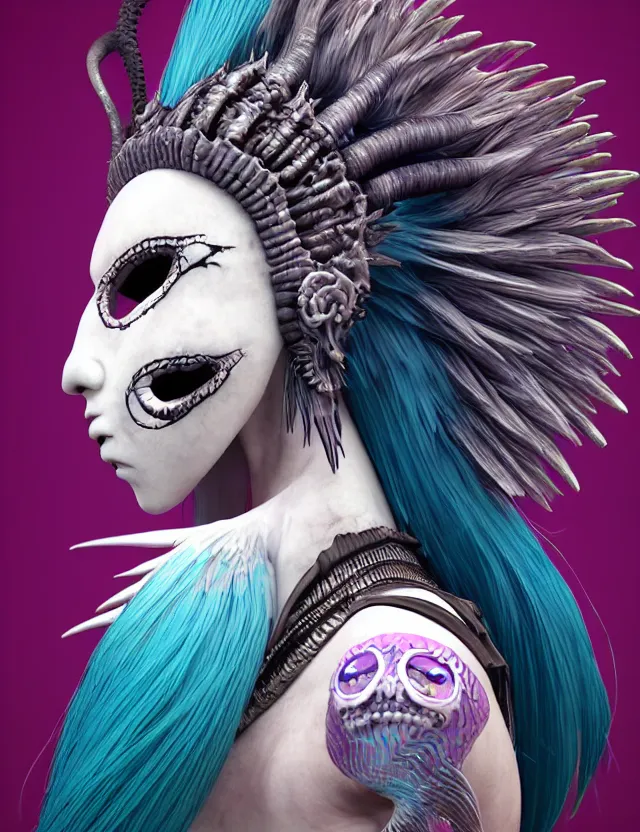 Image similar to 3 d goddess close - up profile simple portrait punk with mohawk with goat skull. beautiful intricately detailed japanese crow kitsune mask and clasical japanese kimono. betta fish, jellyfish phoenix, bio luminescent, plasma, ice, water, wind, creature, artwork by tooth wu and wlop and beeple and greg rutkowski