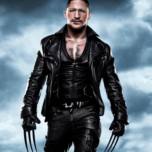 Image similar to Tom Hardy as wolverine in Black Damaged leather suit Digital art 4K quality