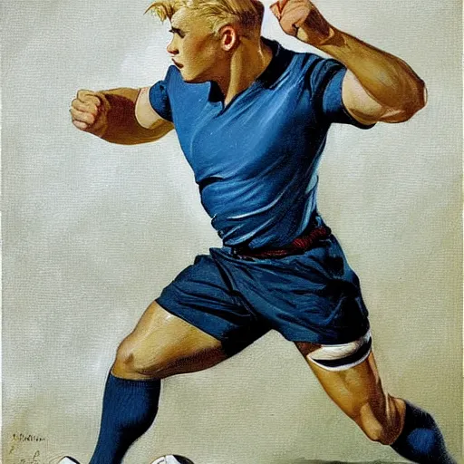 Image similar to handsome blonde rugby player in a running pose, side view, holding the rugby ball in his arm, full color painting by J.C. Leyendecker