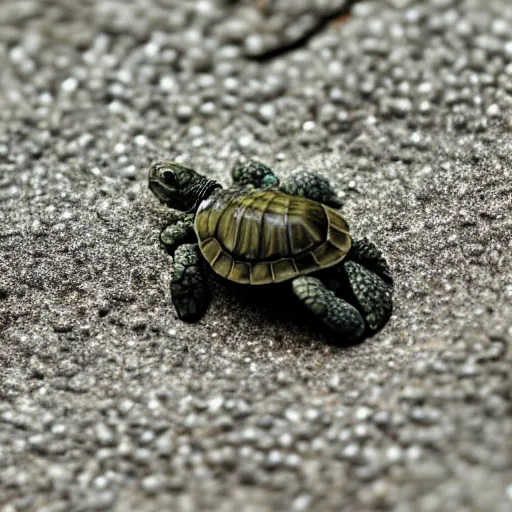 Prompt: a baby turtle sat on a rock, macro 8mm photo, close up