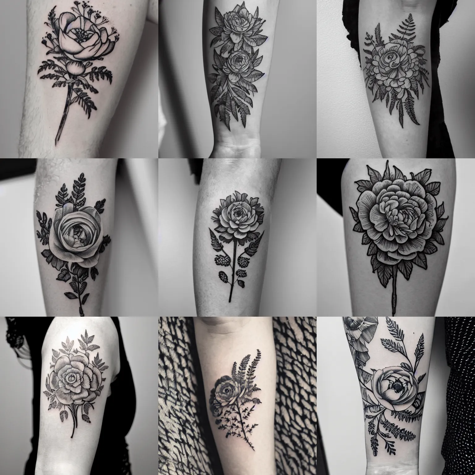 Prompt: A detailed monochrome tattoo of ranunculus flowers, queen Anne\'s lace flowers, and fern leaves