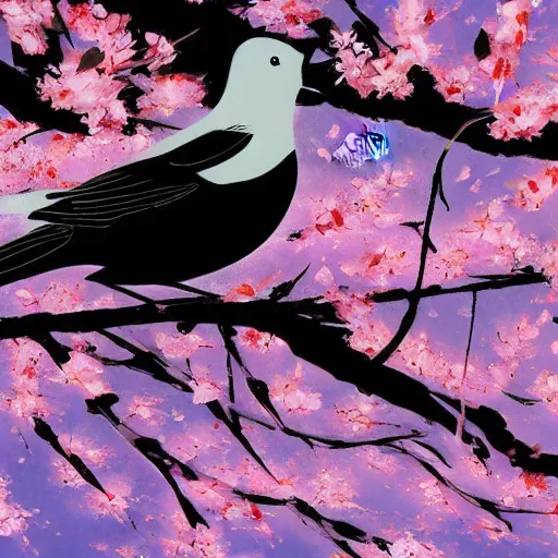 Image similar to birds and sakura blossoms, by dave mckean and yoji shinkawa
