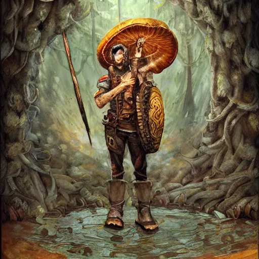 Image similar to full body portrait of a mushroom warrior, by jon foster