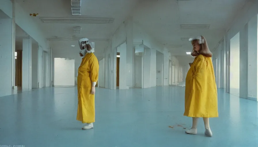 Prompt: 60s movie still of a white japanese female phantom bloody in an empty soviet stalinist style hospital with yellow tiles floor with light blue beds, cinestill 800t 35mm technicolor, heavy grain, high quality, higly detailed, liminal space