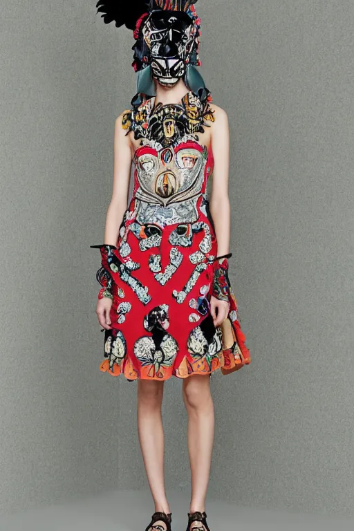 Prompt: valentino resort ss 2 0 1 6 dress with ornate mask headpiece