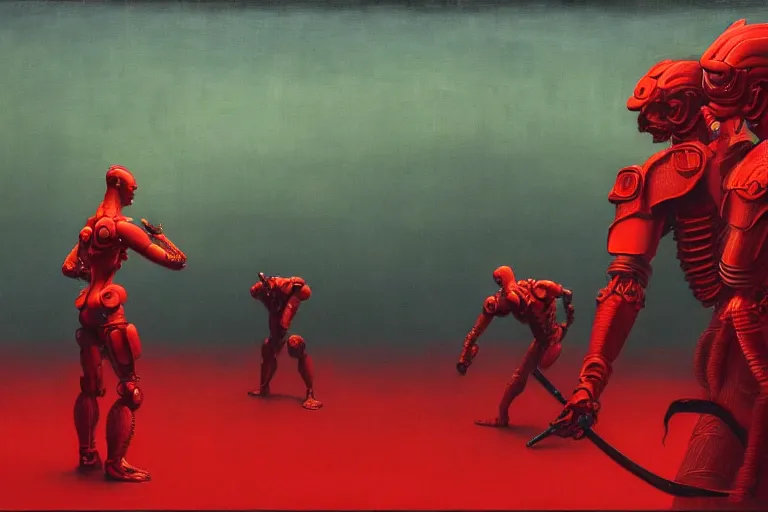 Image similar to only with red, a red cyborg samurai, tokio futuristic in background, some evil yokai fight, in the style of beksinski, parts by edward hopper, parts by rodcenko, parts by yue minjun, intricate and epic composition, red by caravaggio, insanely quality, highly detailed, masterpiece, red light, artstation, 4 k