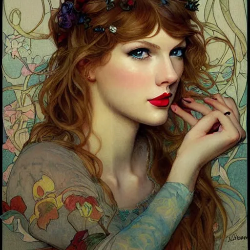 Image similar to romantic painted portrait of taylor swift by james jean, mucha, masterpiece