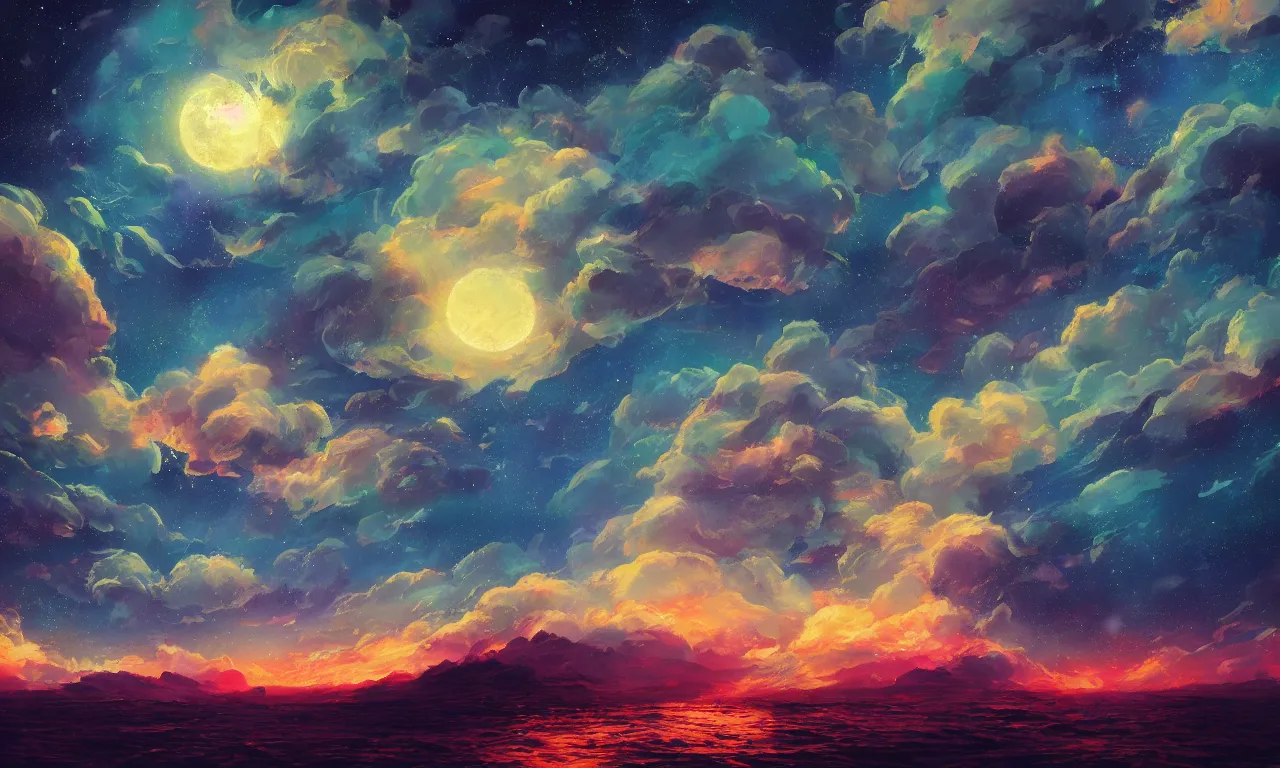 Image similar to a beautiful painting of fire sea, starry sky, moon ， cloud, by liam wong and yuumei and yanjun chen, trending on artstation