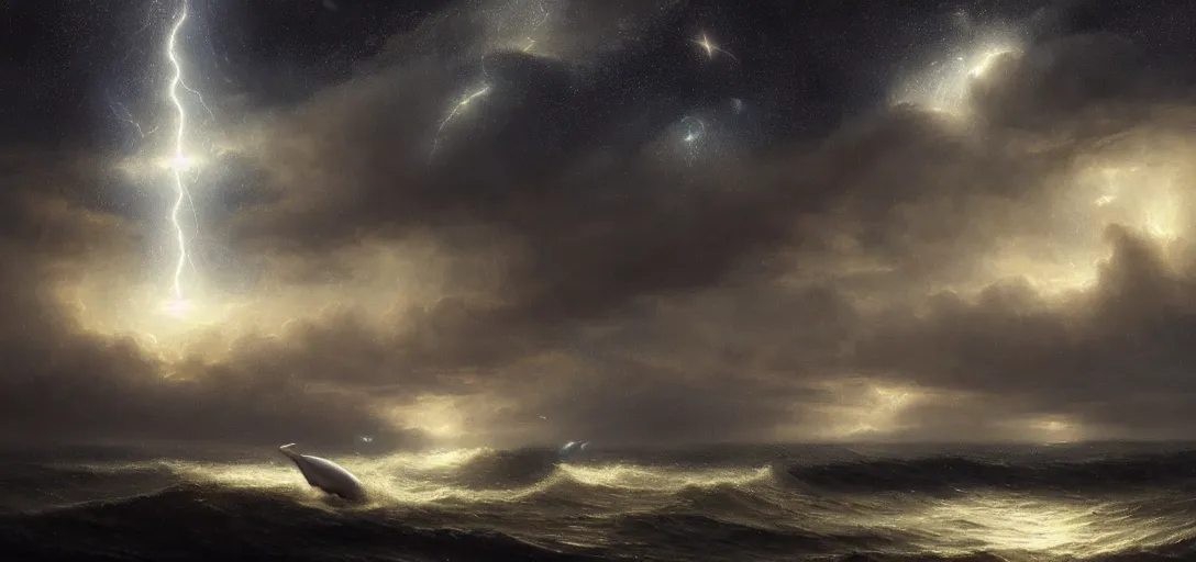 Image similar to a lonely whale flying above the sea, cosmic starry sky, concept art, trending on artstation, soft lightning by andreas achenbach, artgerm, mikko lagerstedt, zack snyder, tokujin yoshioka