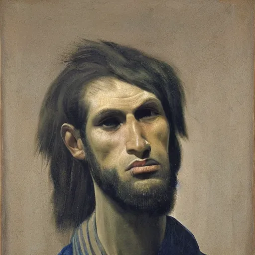 Prompt: frontal portrait of a handsome young italian neanderthal man in 1 9 6 0 s italian clothing by pietro annigoni, oil on canvas, 1 9 6 4, national portrait gallery
