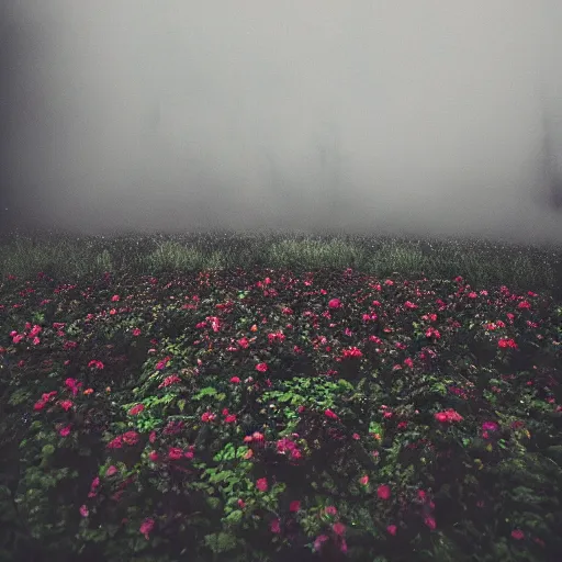 Prompt: big garden with black flowers, fog, rainy weather, metal album cover style, greyish colors -i -n 9