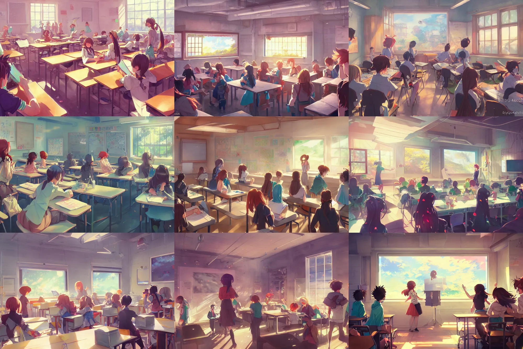 Prompt: high school classroom scene spring setting, expert high detail concept art, vivid colors, sharp focus, realistic shaded lighting poster, high definition, makoto shinkai, rossdraws, loish art style, trending on art station, best selling artist