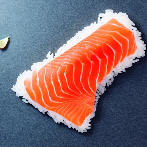 Prompt: cartoon drawing of a rice ball hugging a slice of sashimi salmon, plain background, close-up