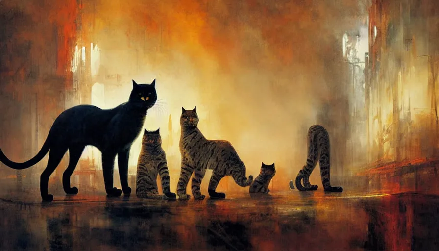 Image similar to contemporary semi abstract acrylic painting of really tall cats by william turner, by greg rutkowski, kessler art, thick brush strokes and visible paint layers