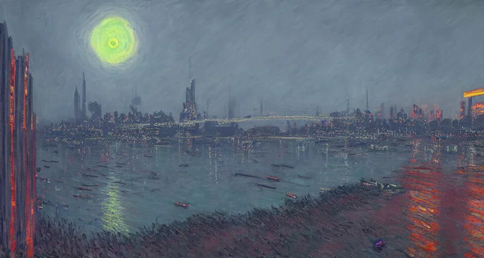 Image similar to Lisbon in 2287, cyberpunk, dark academia, by Simon Stålenhag and Claude Monet, oil on canvas