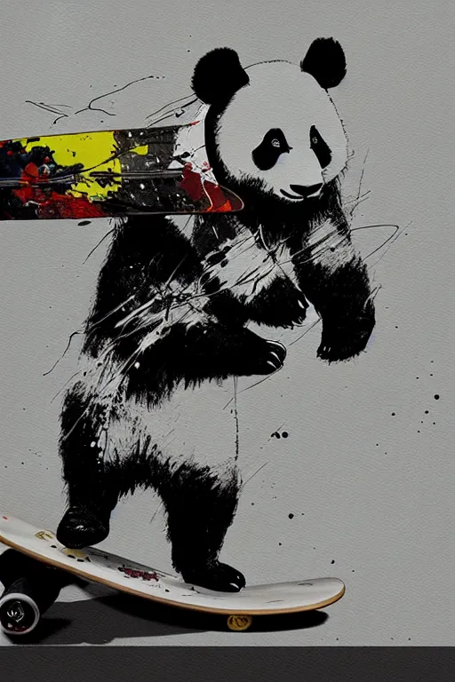 Prompt: a panda riding a skateboard in the style of yoji shinkawa and ashley wood, splatters, detailed