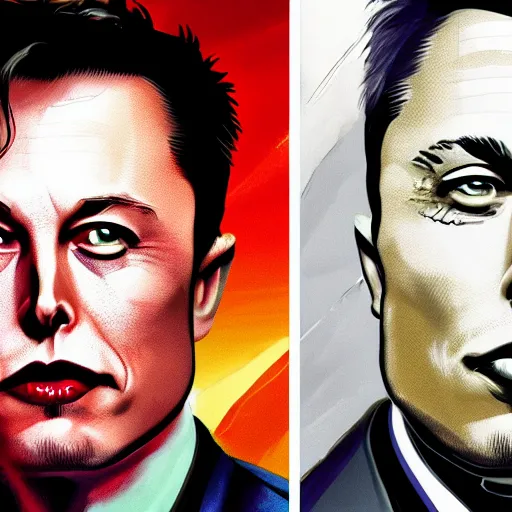 Image similar to elon musk is two face, harvey dent from batman, one face side has dragonskin fantasy sharp focus intricate elegant digital painting