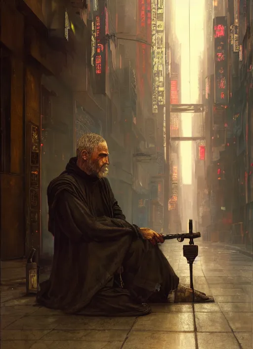 Image similar to cyberpunk beggar priest on streetcorner ( blade runner 2 0 4 9, cyberpunk 2 0 7 7 character design ). orientalist portrait by john william waterhouse and james gurney and theodore ralli and nasreddine dinet, oil on canvas. cinematic, hyper realism, realistic proportions, dramatic lighting, high detail 4 k