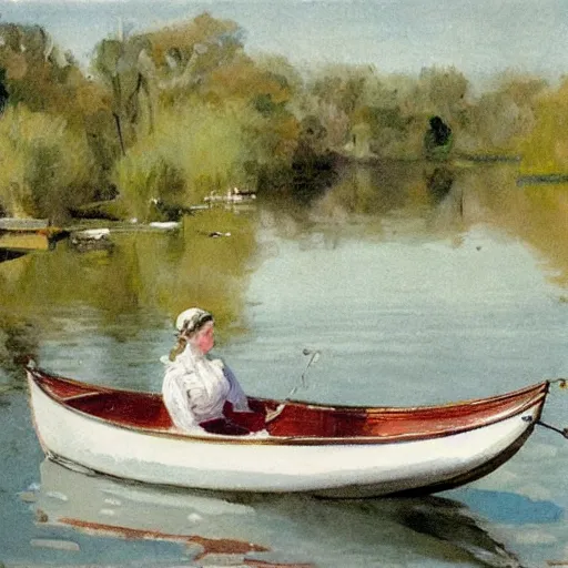 Prompt: a woman wearing an edwardian white dress sitting in a row boat on a calm lake in the style of anders zorn