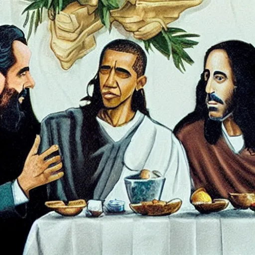 Image similar to jesus and obama having a discussion with jerry seinfeld at the last supper in a cafe